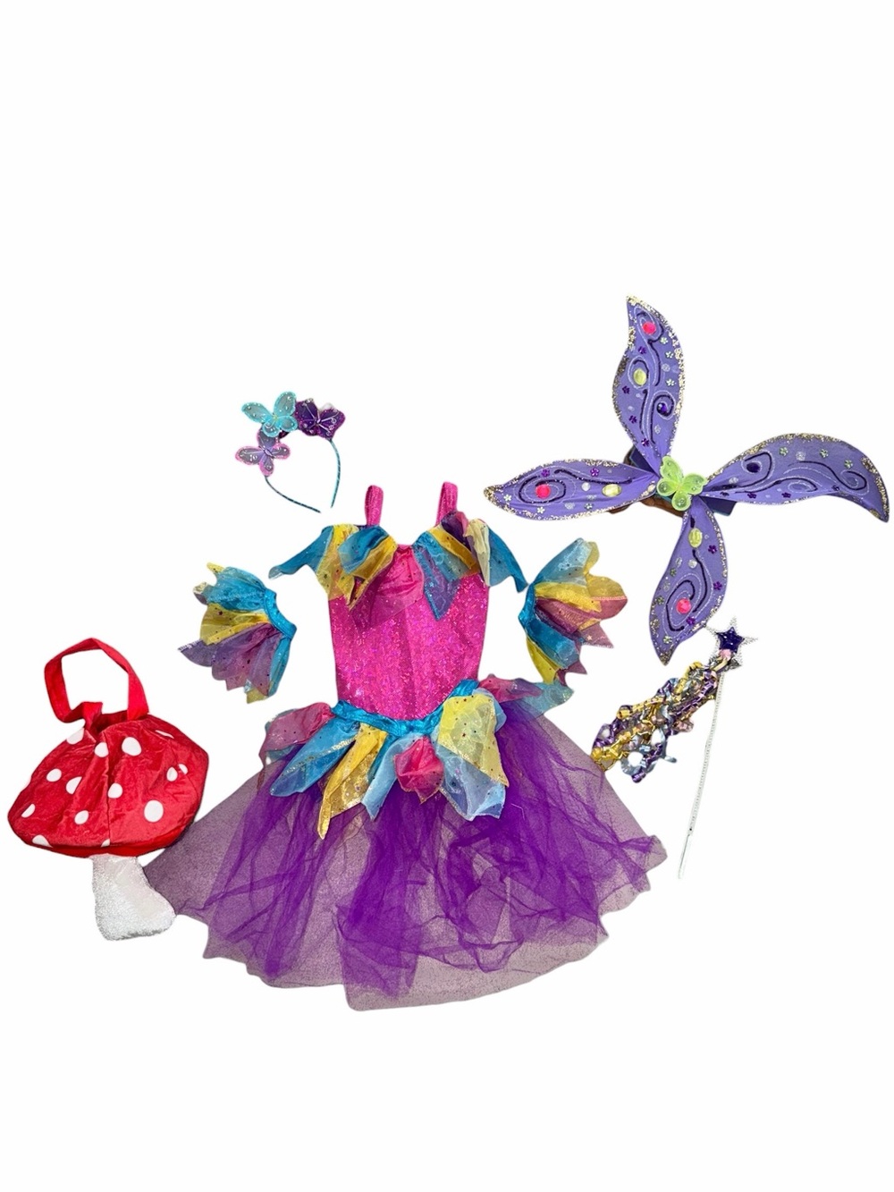 Toddler Girls 3T Fairy Halloween Costume Wings Wand Trick or Treat Mushroom Bag